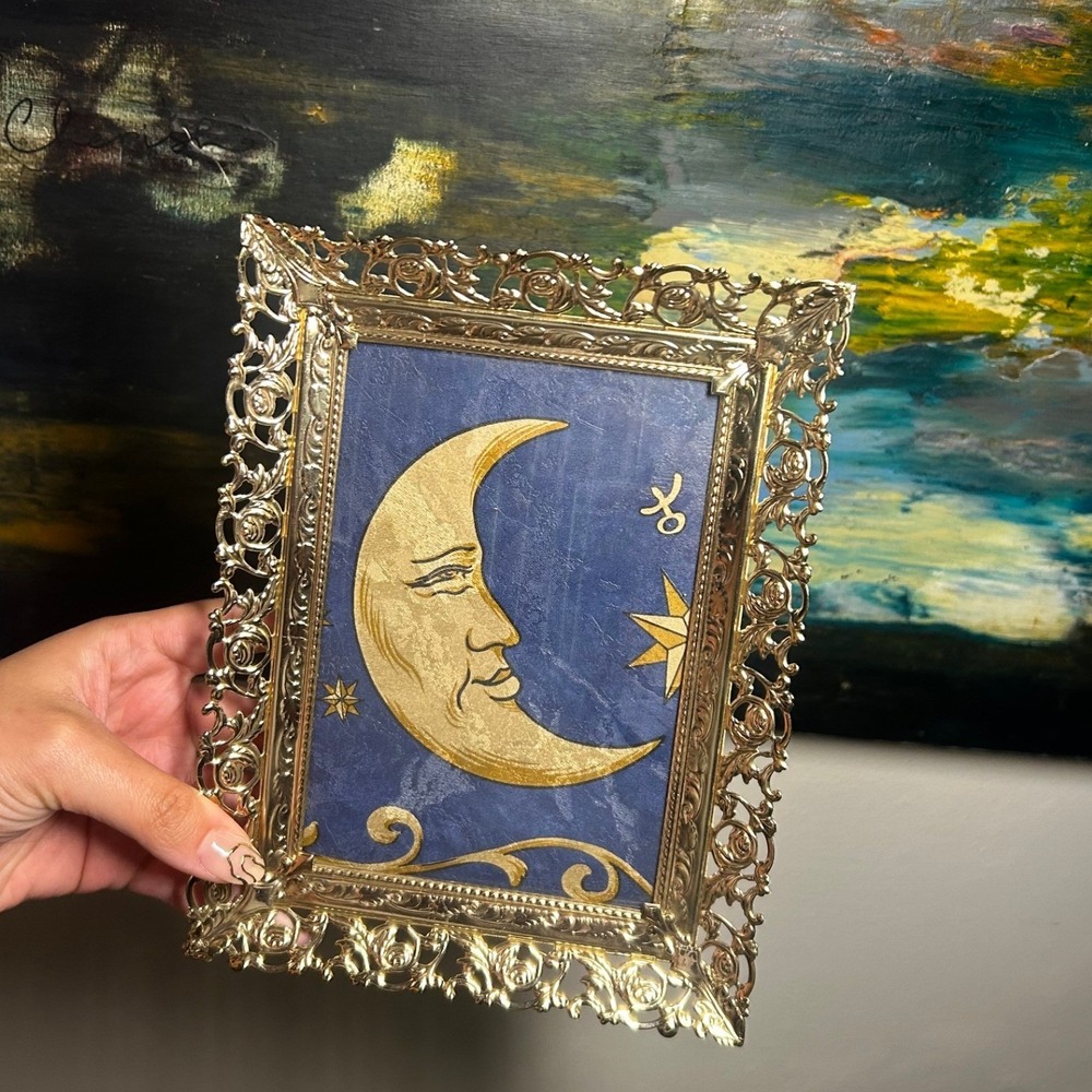 Vintage Framed Moon Art Gold Blue Ornate Filigree Celestial Decor Norwall Print